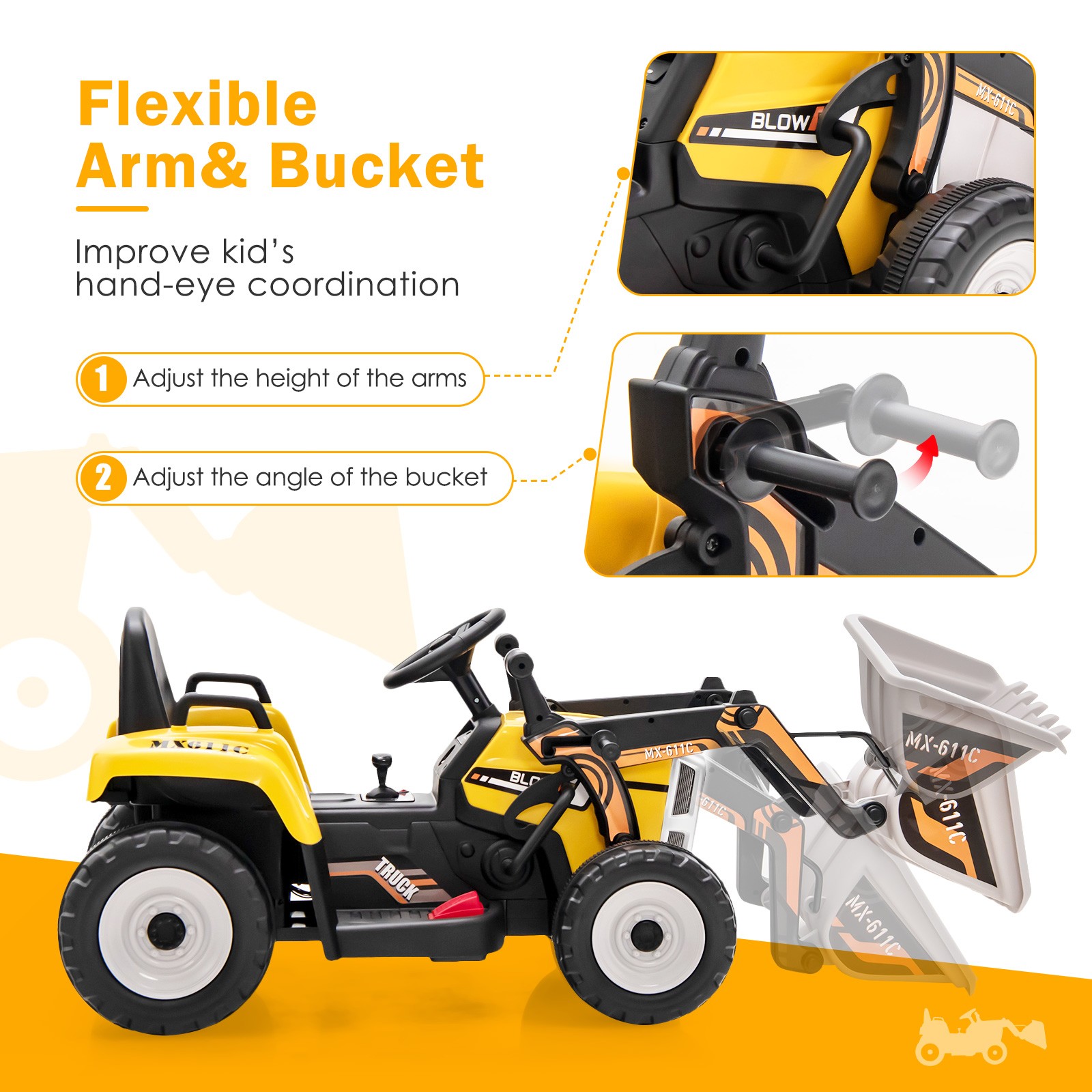 Kids Ride on Excavator 12V Battery Powered Loader Digger w/Adjustable Arm Yellow