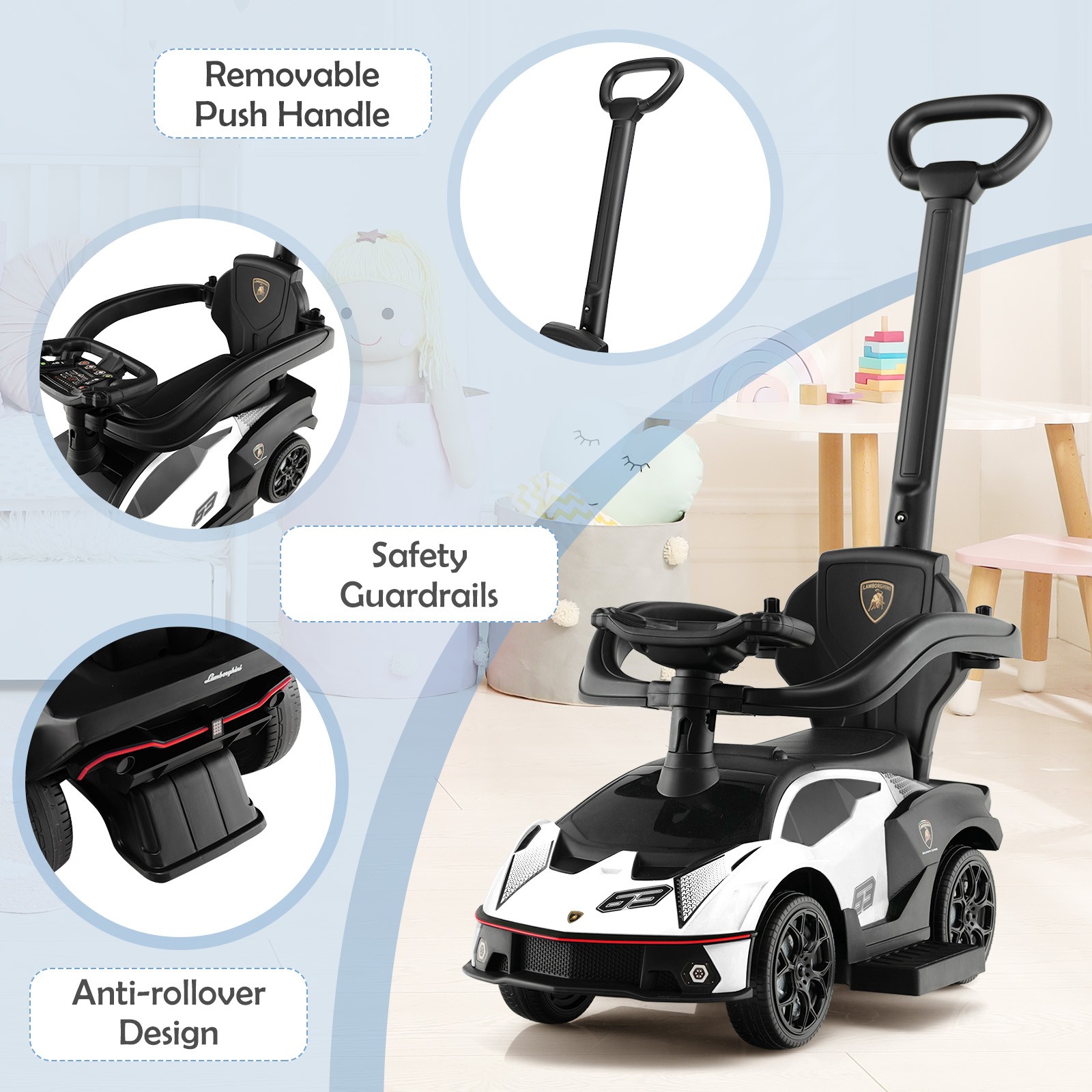 3-in-1 Licensed Lamborghini Ride on Push Car Stroller Sliding Car w/ Sound White