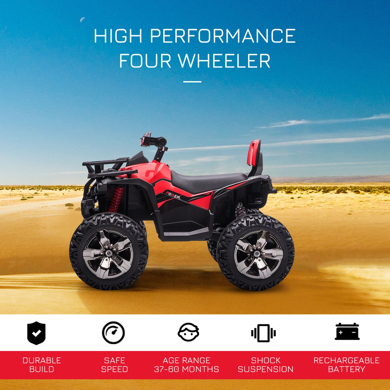 Aosom 12V Kids ATV Quad Car Toy with Music & Headlights, Red