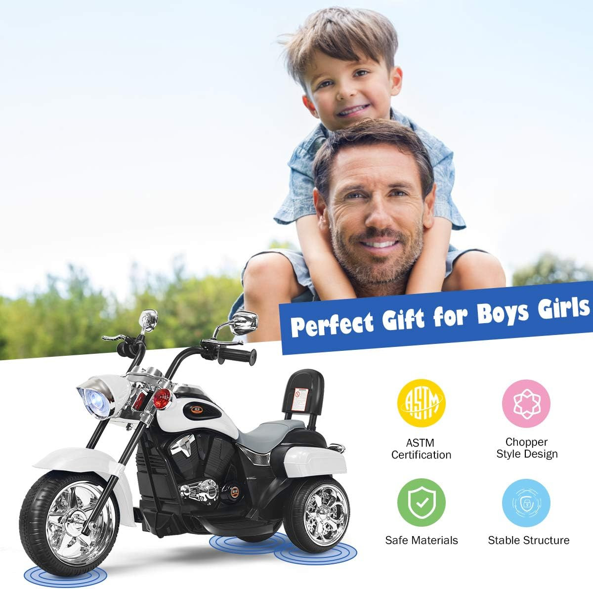 Kids Motorcycle, 6V Battery Powered Ride on Chopper Motorcycle W/Horn, Headlight