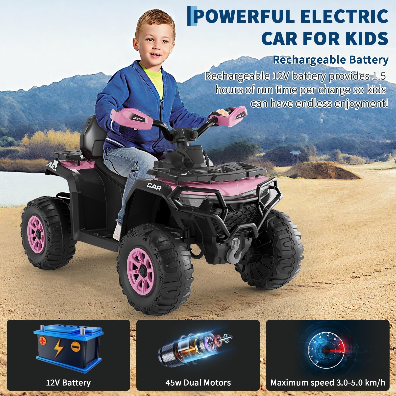 12V Kids Ride on Toy 4 Wheeler Quad Car 2x35W Bluetooth 4-6mph w/ Low&High Speed