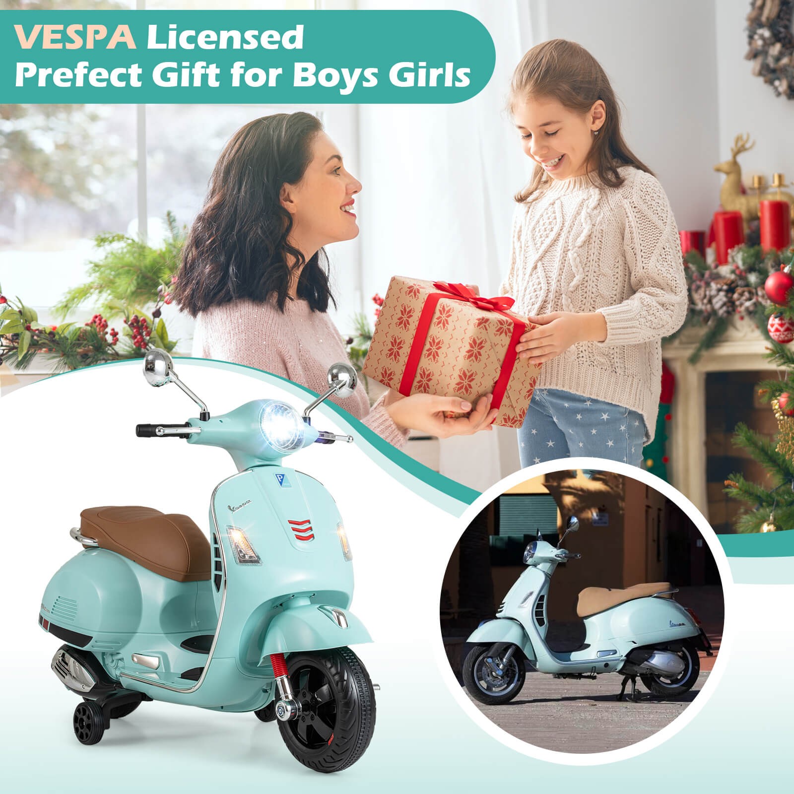 Licensed VESPA 12V Kids Electric Motorcycle w/Music Horn Story Training Wheels