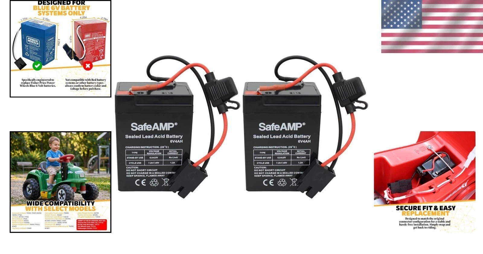 Fisher-Price Power Wheels 2 Pack Blue 6V Battery Replacement with Harness
