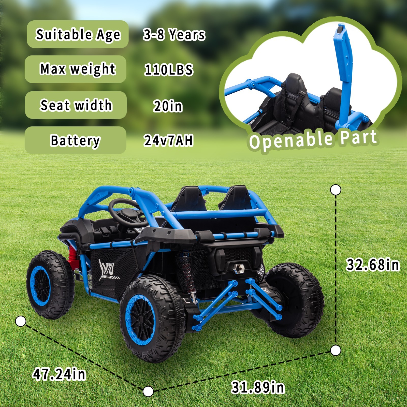 24V Kids Ride on Electric Car UTV w/Remote, LED, Battery Power Wheels,Blue