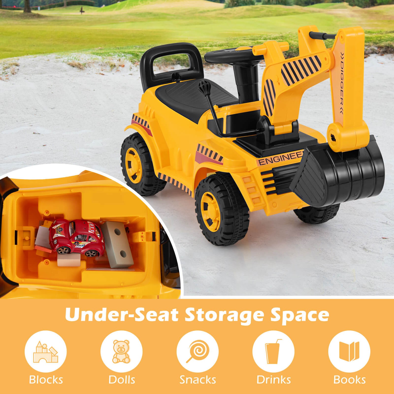 Kids Ride on Excavator w/ Adjustable Shovel Anti-Tipping Block Engine Sound
