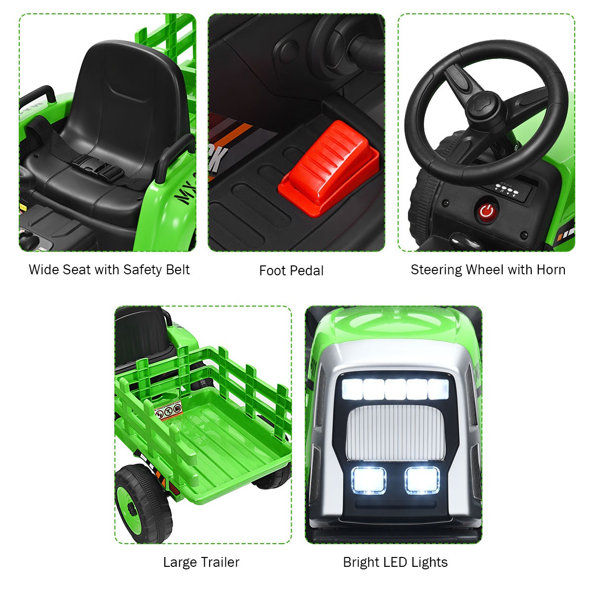 Honeyjoy 12V Kids Ride On Tractor with Trailer Ground Loader w/RC & Lights Green