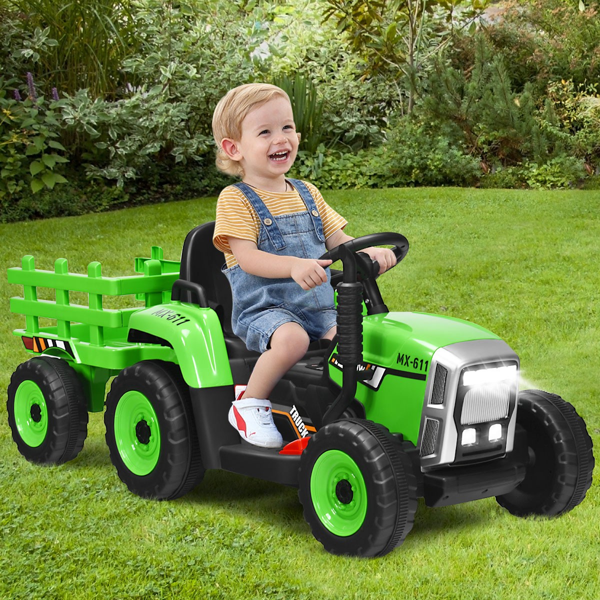 Honeyjoy 12V Kids Ride On Tractor with Trailer Ground Loader w/RC & Lights Green