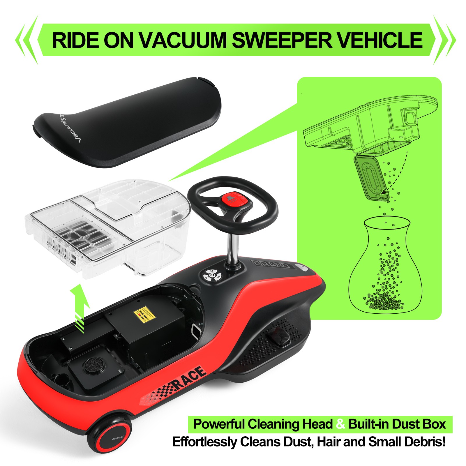 12V Kids Ride On Vacuum Cleaning Car Go Kart w/Detachable Dust Box,Music,2 Speed