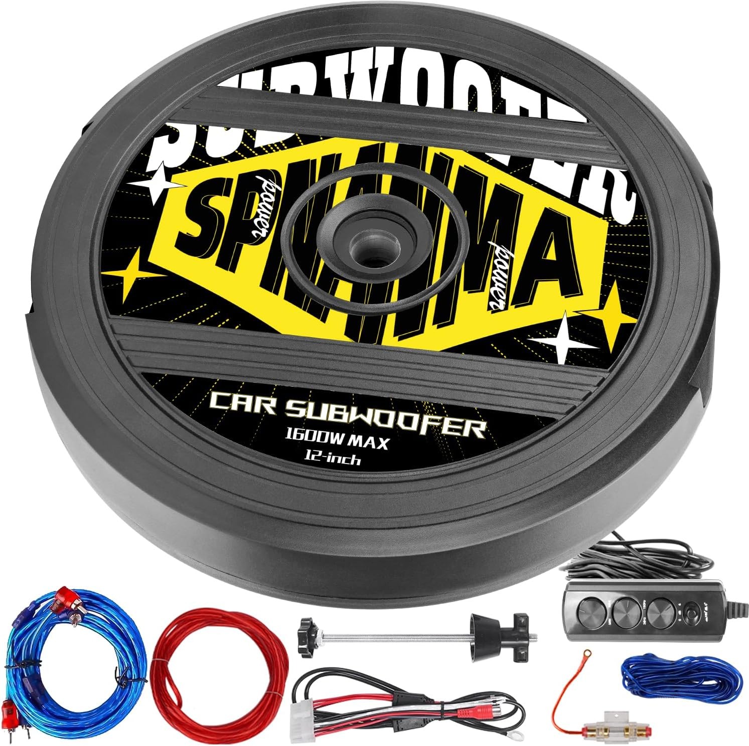 1600W 12″ Spare Tire Subwoofer with Built-in Amp, Anti-Theft Hidden Design, 4…