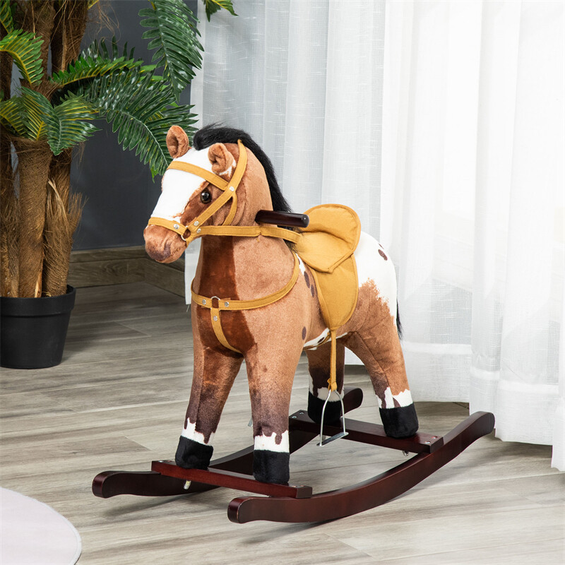 Kids Metal Plush Ride-On Rocking Horse Chair Toy w/ Sounds – Dark Brown/White