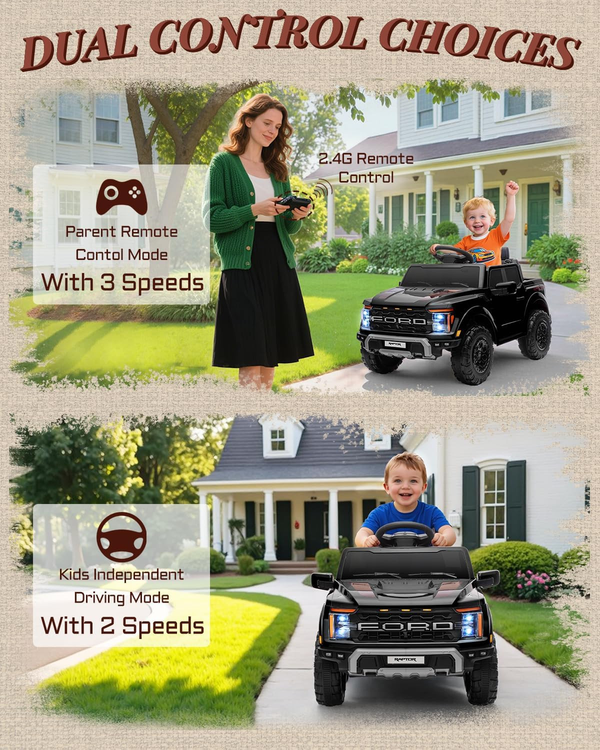 12V Licensed Ford F-150 Raptor Kids Ride on Toy, Ride on Truck with Parent Remot