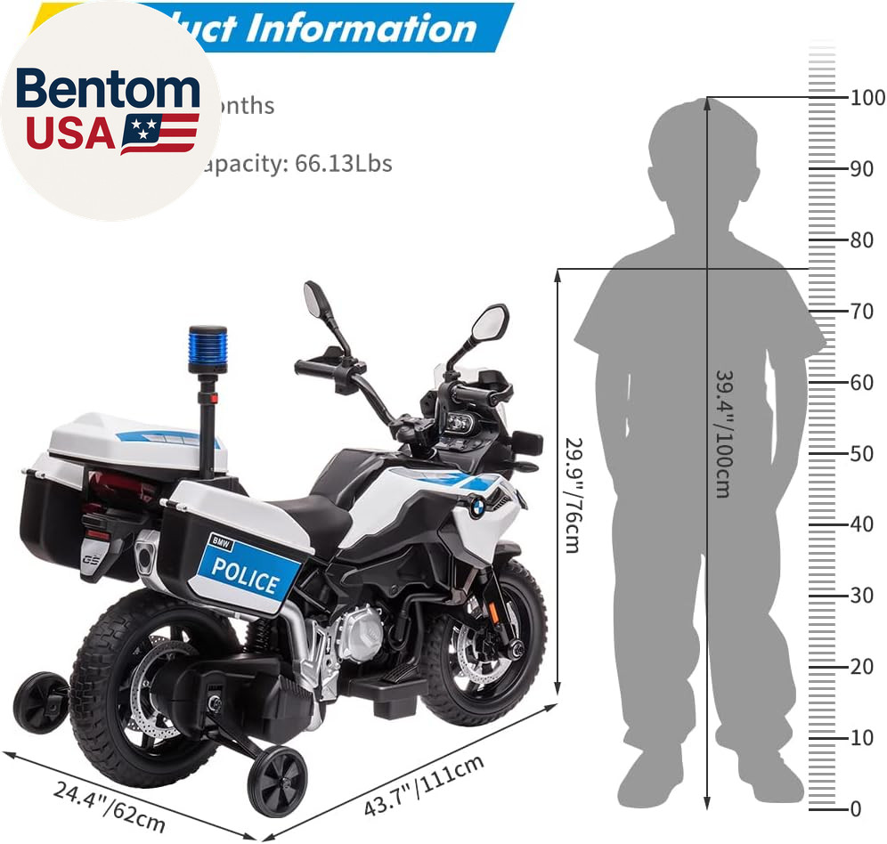 12V 7AH Kids Motorcycle, Licensed BMW Ride on Police Motorcycle for Kids with Hi