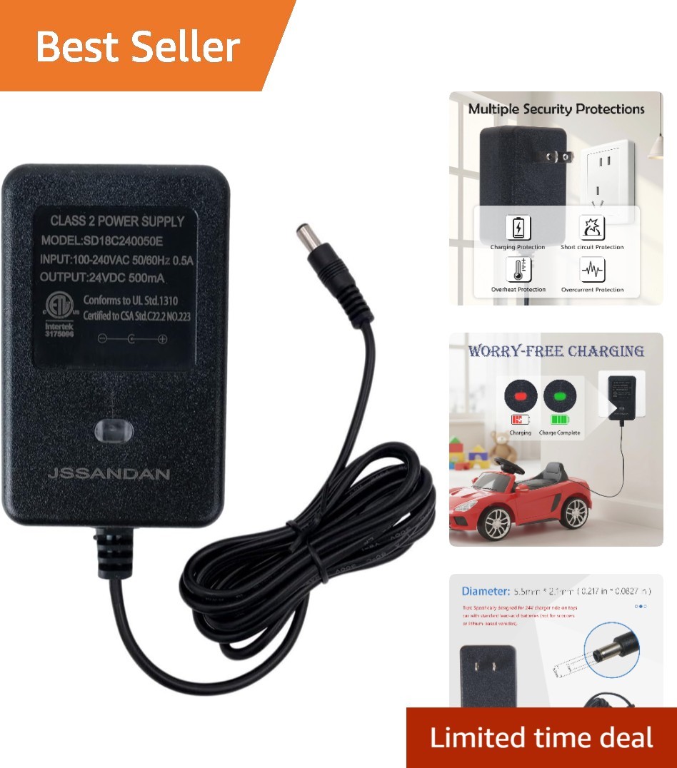 24-Volt Charger for Electric Strollers and Ride-On Toys – 500mA Power Supply