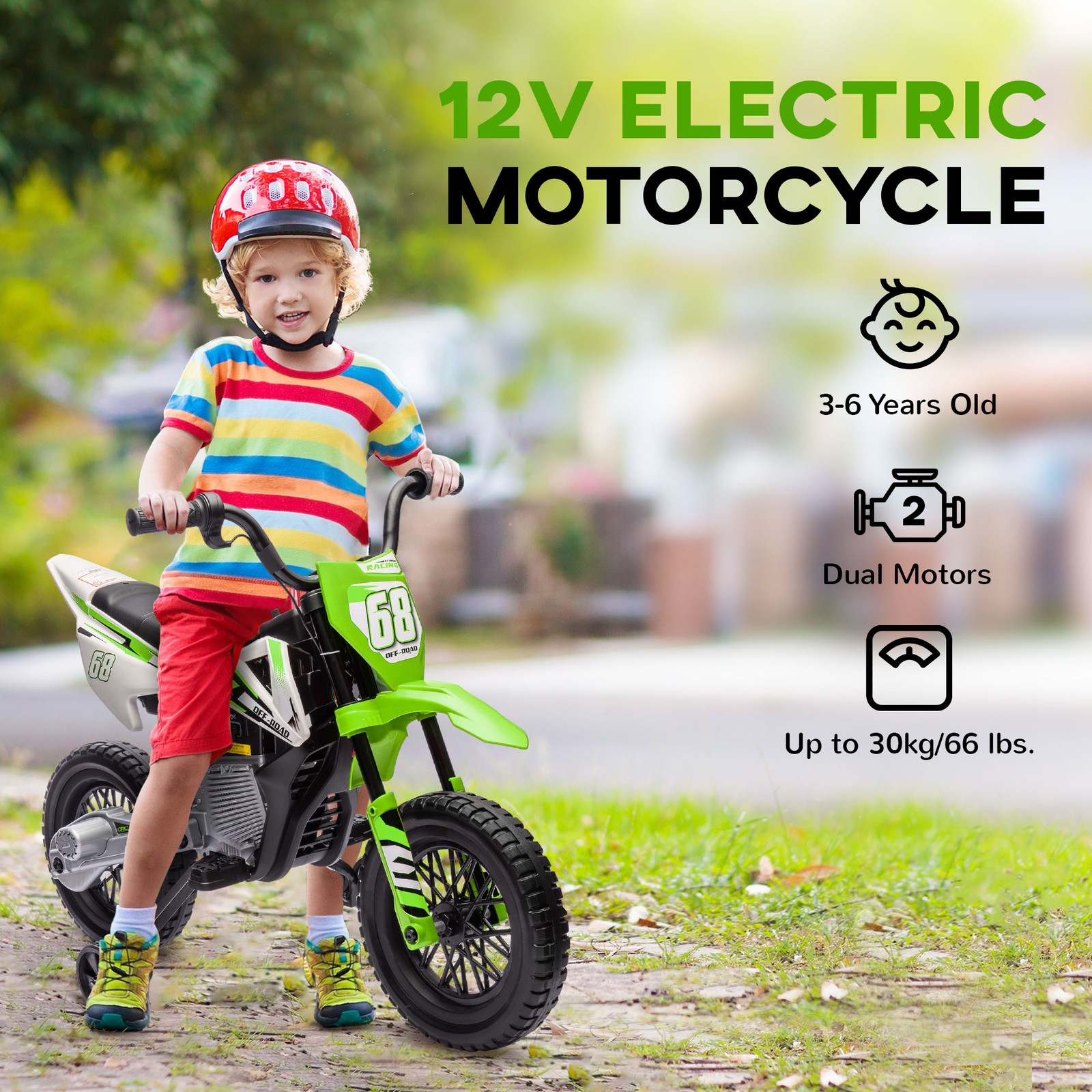12V Kids Motorcycle W/ Twist Grip Throttle, Rear Suspension, Green