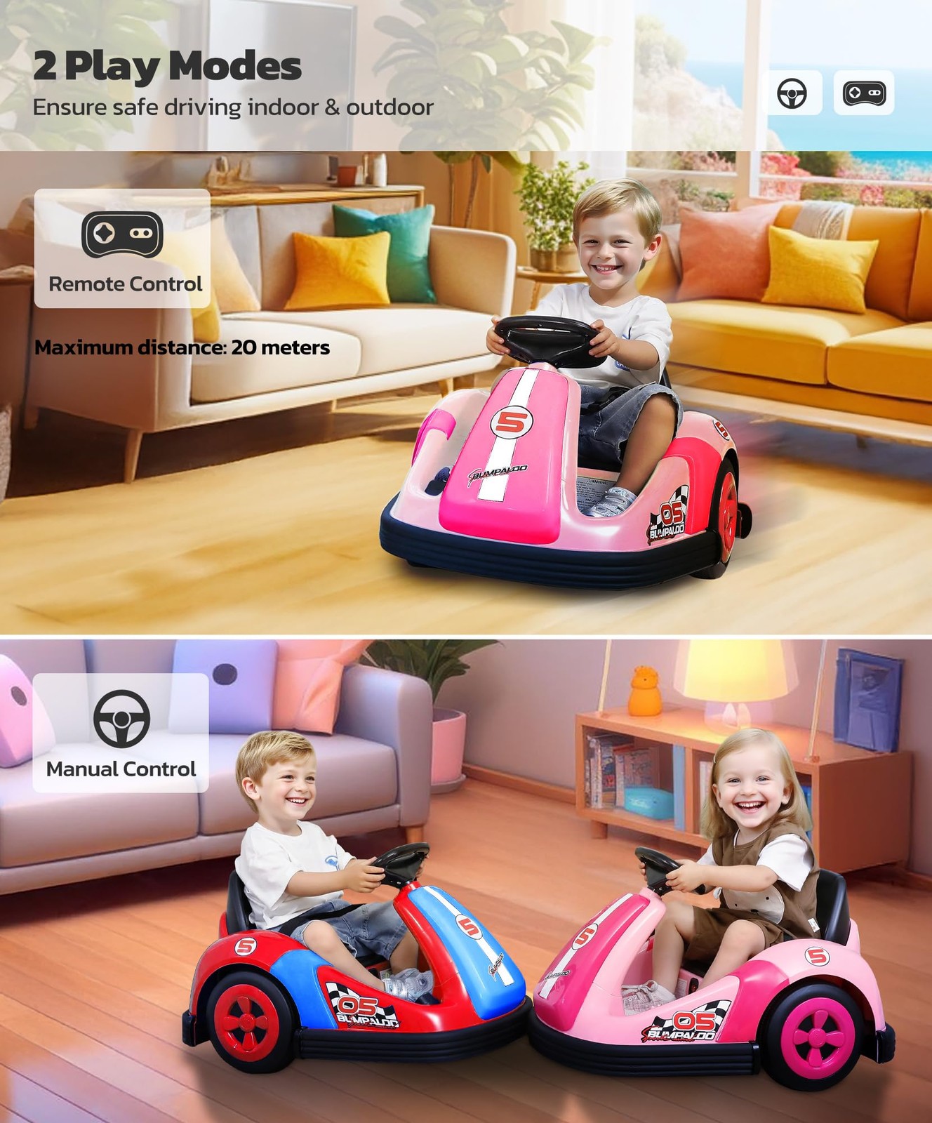 Toddler Bumper Car with Big Wheels, 2.2 Mph, Ride On Toys for Toddlers with D…