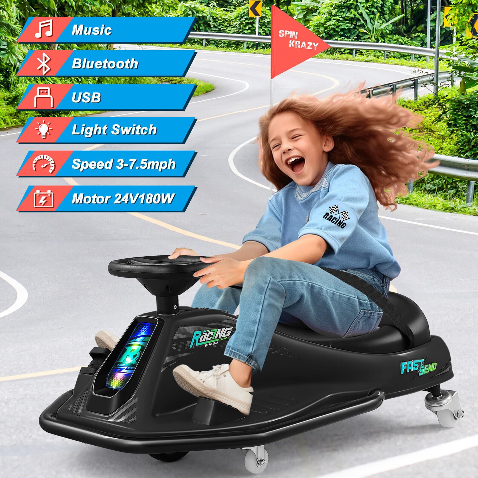 24V Kids Electric Drifting Go Kart 360° Ride On Cart with Bluetooth (Black)