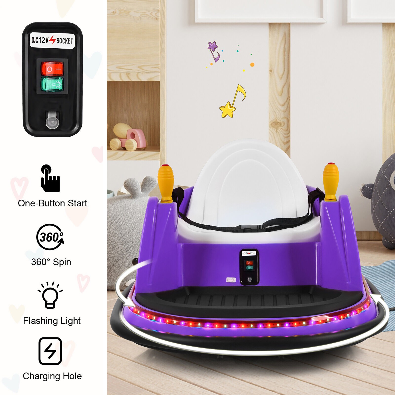 12V Vehicle 360° Spin Race Toy Kids Ride On Bumper Car w/Remote Control Purple