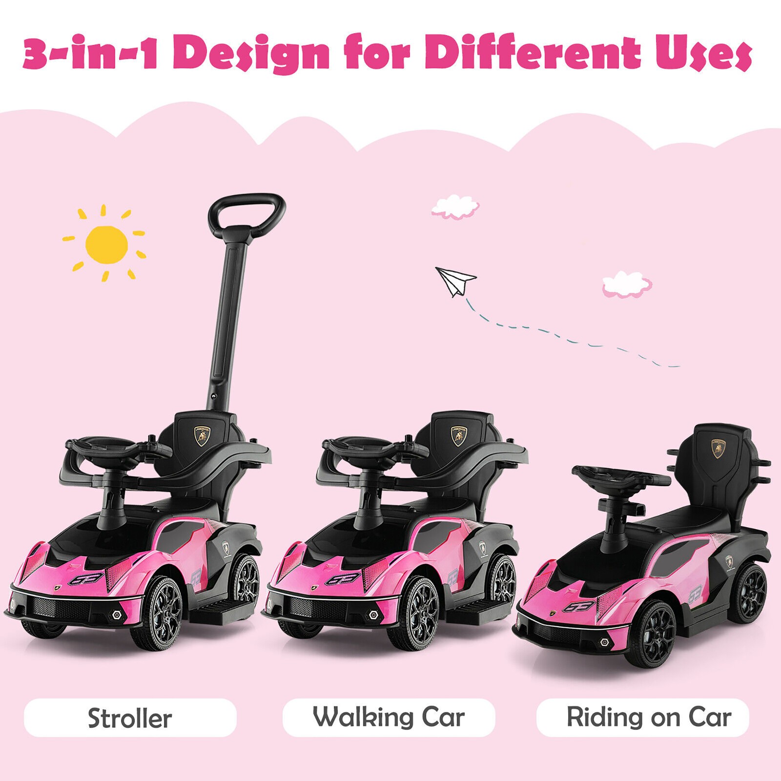 3-in-1 Licensed Lamborghini Ride on Push Car Stroller Sliding Car w/ Sound Pink