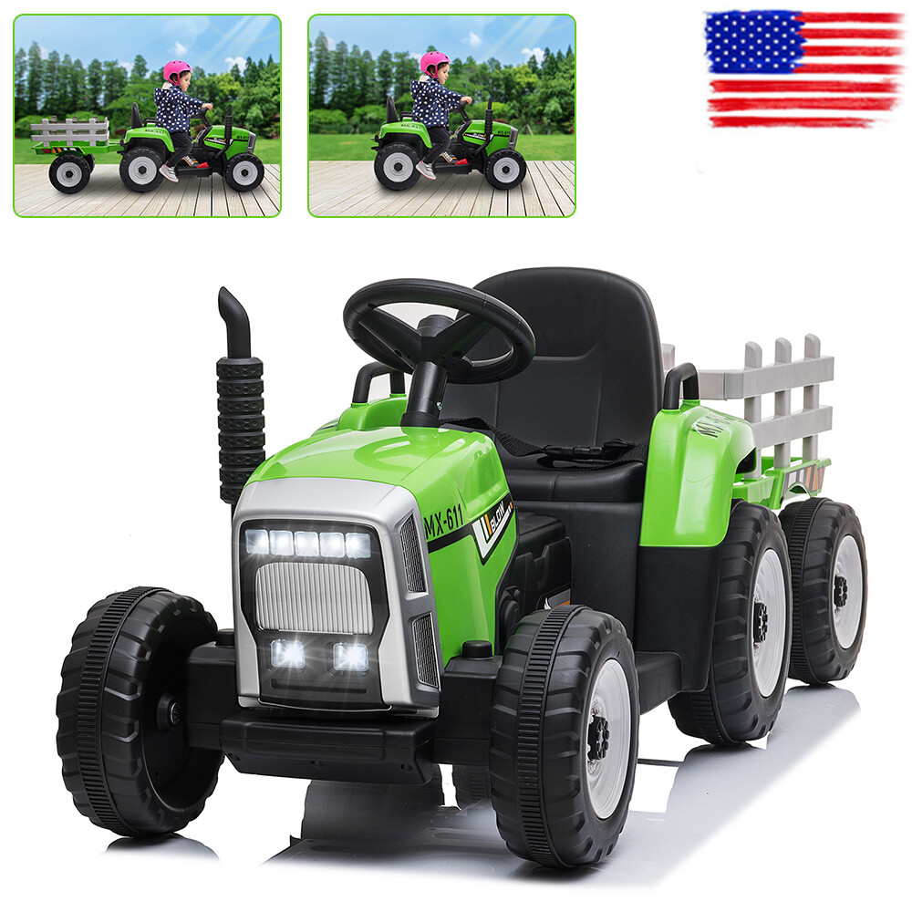 12V Kids Ride-On Tractor Car Toy Battery-Powered w/Remote Control+ Trailer Green