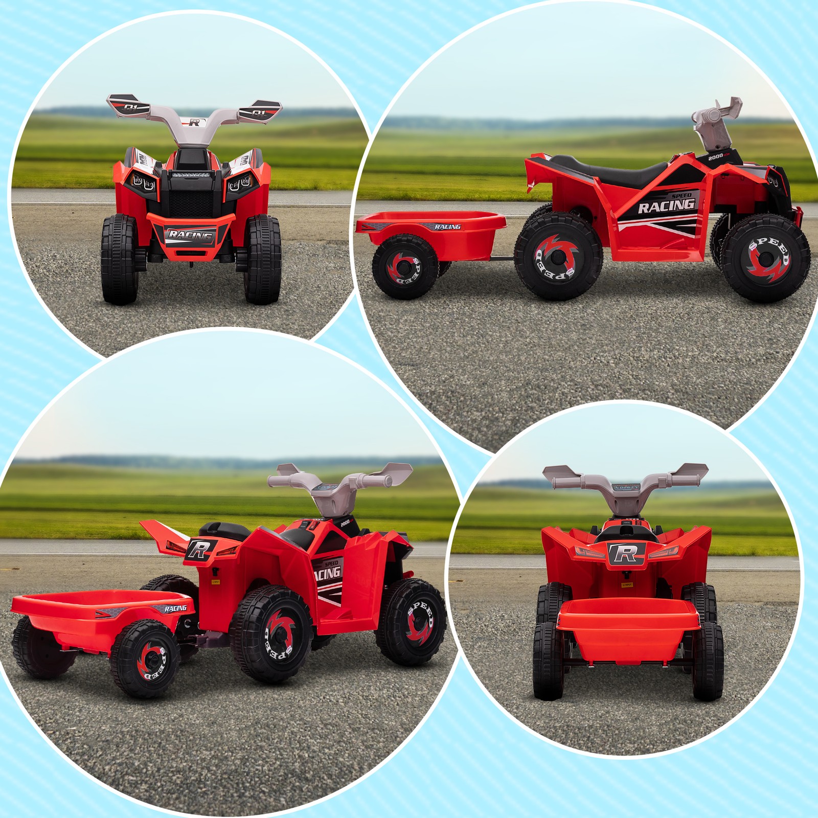 Kids ATV Quad Car with Back Trailer, Red