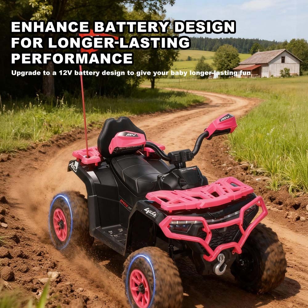24V Pink ATV Ride-On Car Battery Powered w/ LED Lights, Bluetooth for Ages 3-6 Y