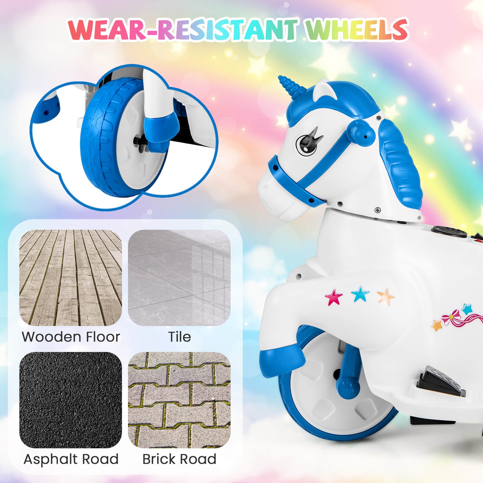 12V Kids Ride on Unicorn Toy w/ Training Wheels Music One-button Start Horse Toy