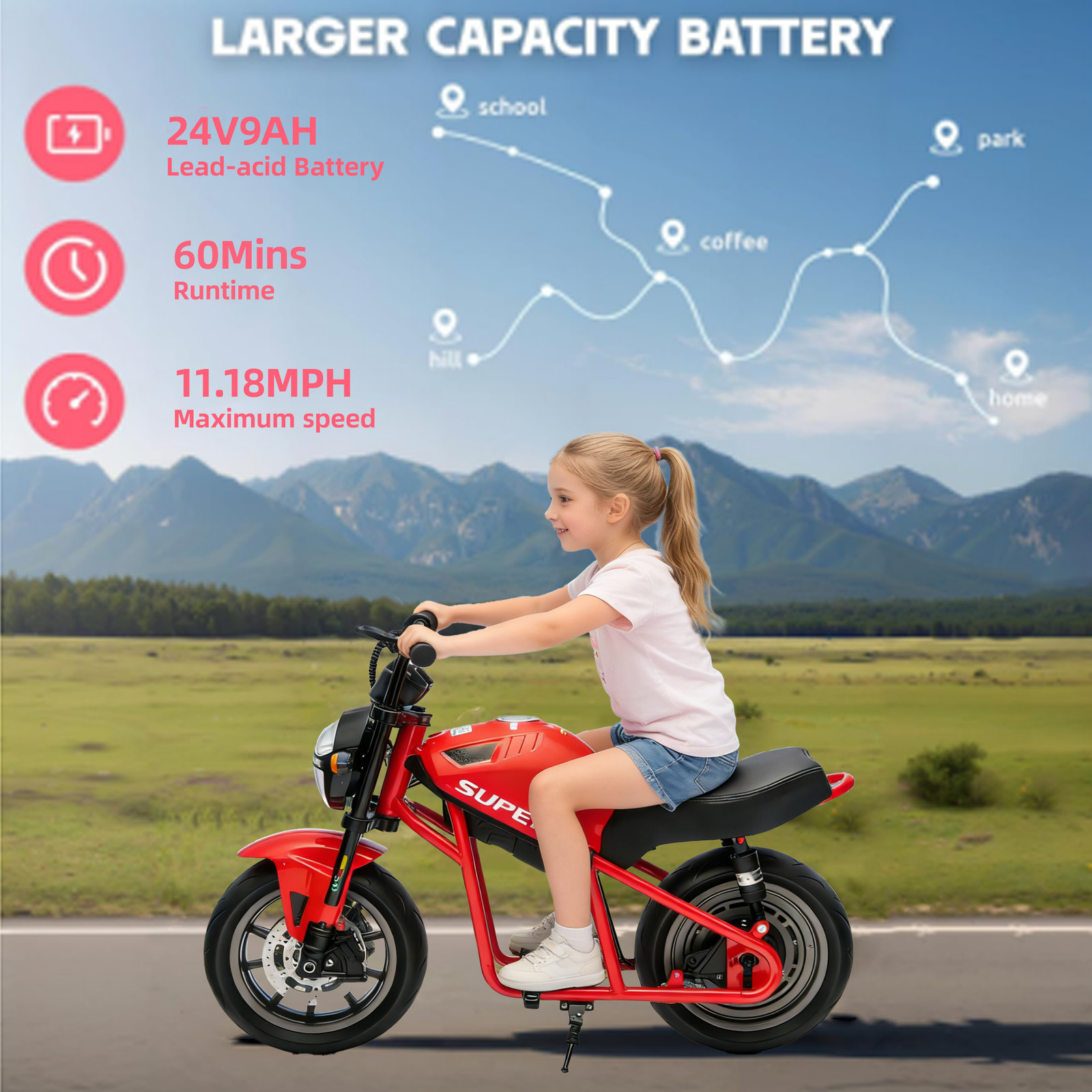 24V 300W Kids Ride On XL Electric Toy Muscle Motorcycle14in Widen EVA Wheels