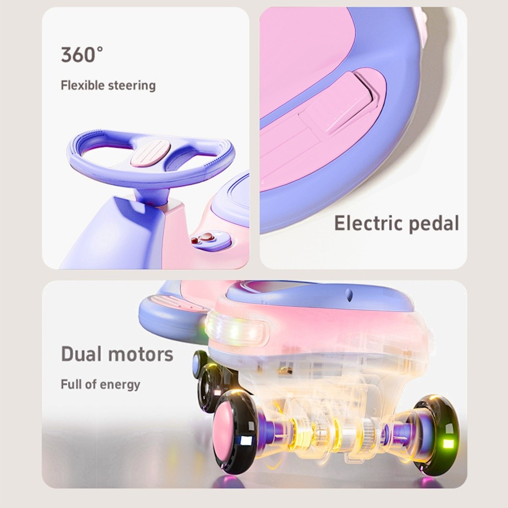 Kids Electric Wiggle Car, LED & Music, Anti-Rollover, Indoor Outdoor Toy for 3+