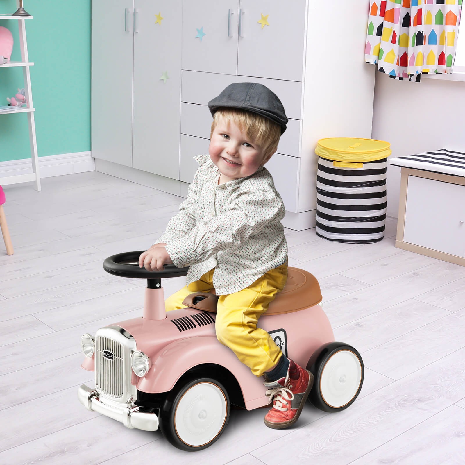 Retro Kids Ride-on Toy w/ Working Steering Wheel, Storage Space, DIY Stickers
