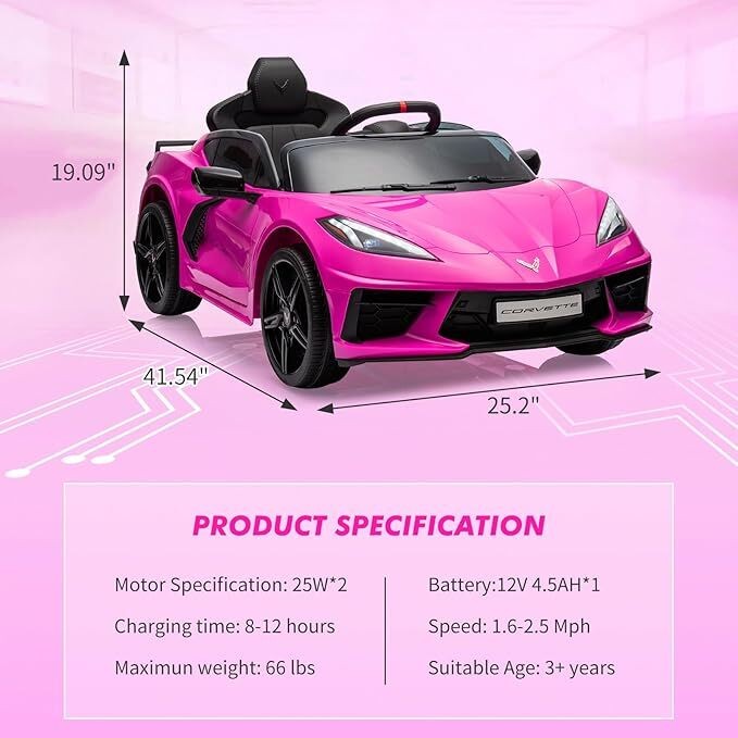 12V Battery Powered Car for Kids Licensed Corvettes Toddles Music LED Lights