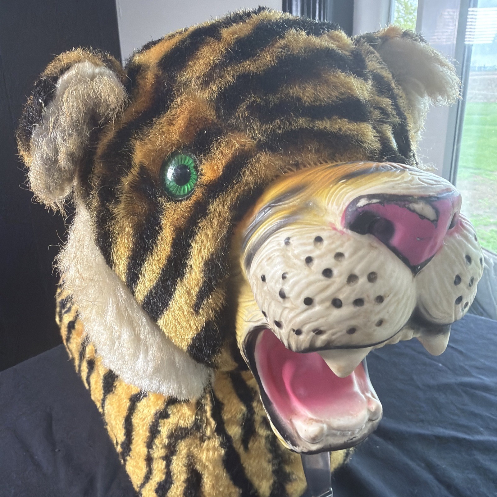 Rare Vintage Tiger Ride On Kids Toy On Wheels Green Eyes Neck Needs Work