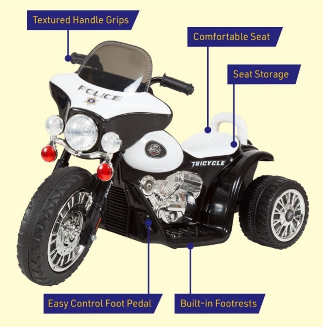 Kids Electric Police Motorcycle 3-Wheel Ride, Reverse, Headlights, Decals, Black
