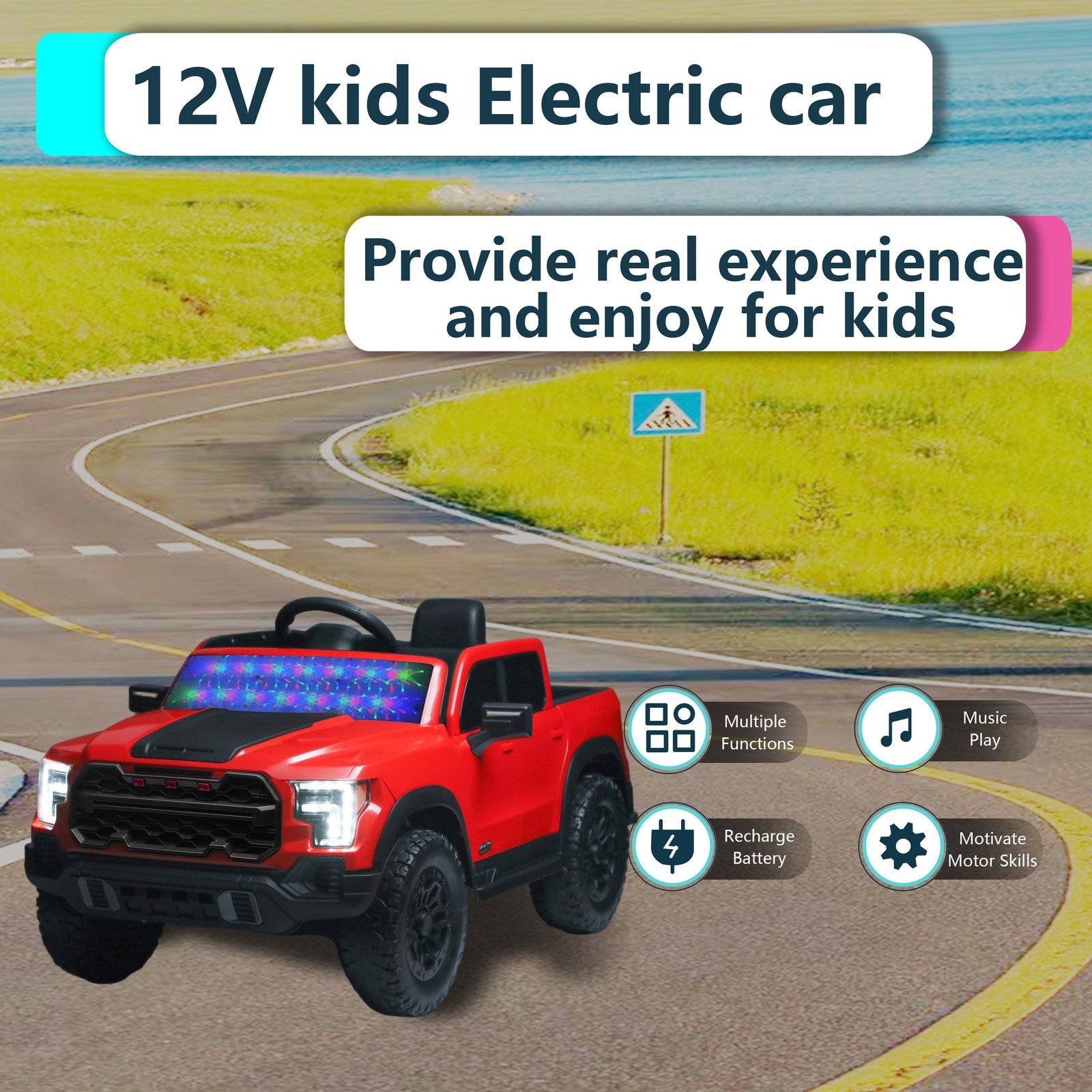12V Kids Ride-On Car Remote Control, 4-Wheel Shock Absorption 3-6 Years Red