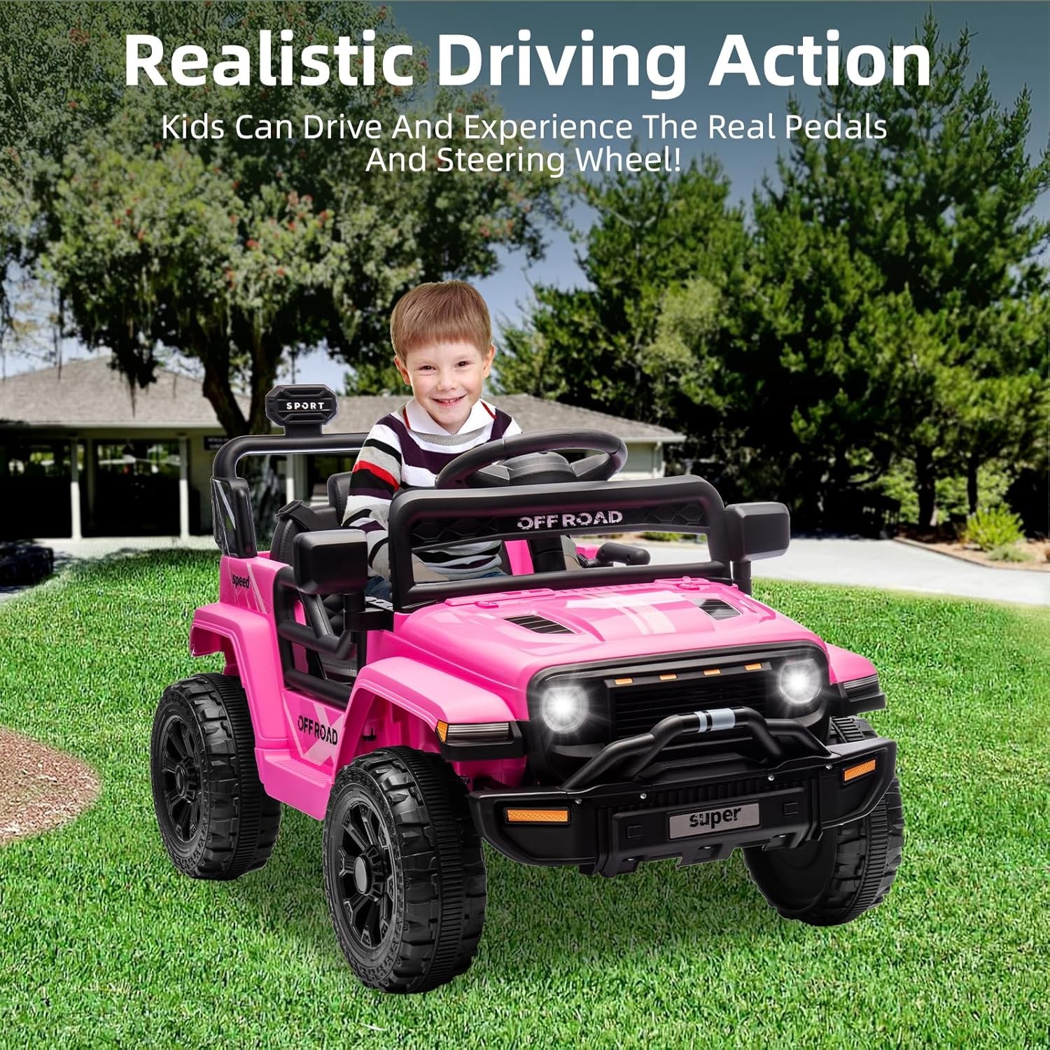 12V Kids Ride On Truck w/ Remote, 2 Speeds, Spring Suspension, LED Lights – Pink