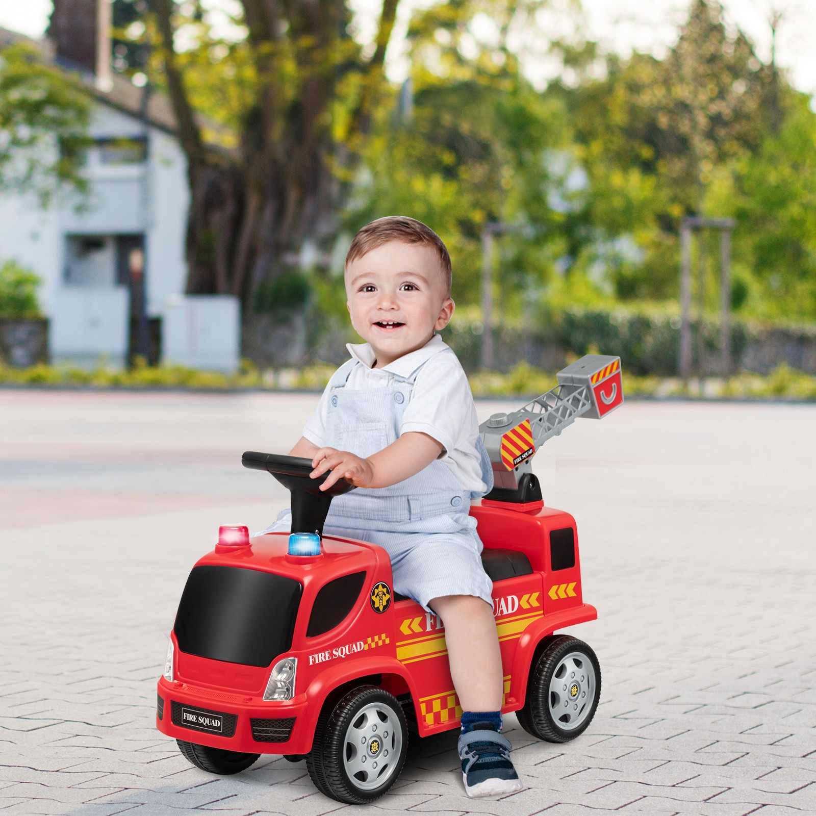 Kids Ride on Fire Truck with Bubble Maker Toddler Sliding Walking Push Car Red