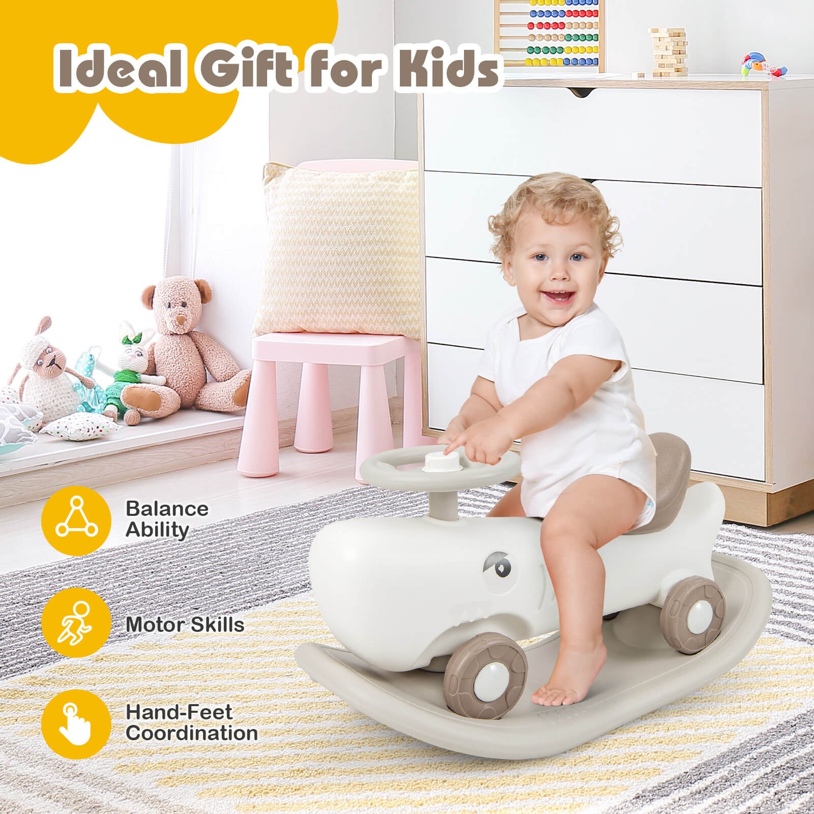 Kids 3-in-1 Rocking Horse & Sliding Car w/ Smooth Wheels & Anti-slip EVA Strips