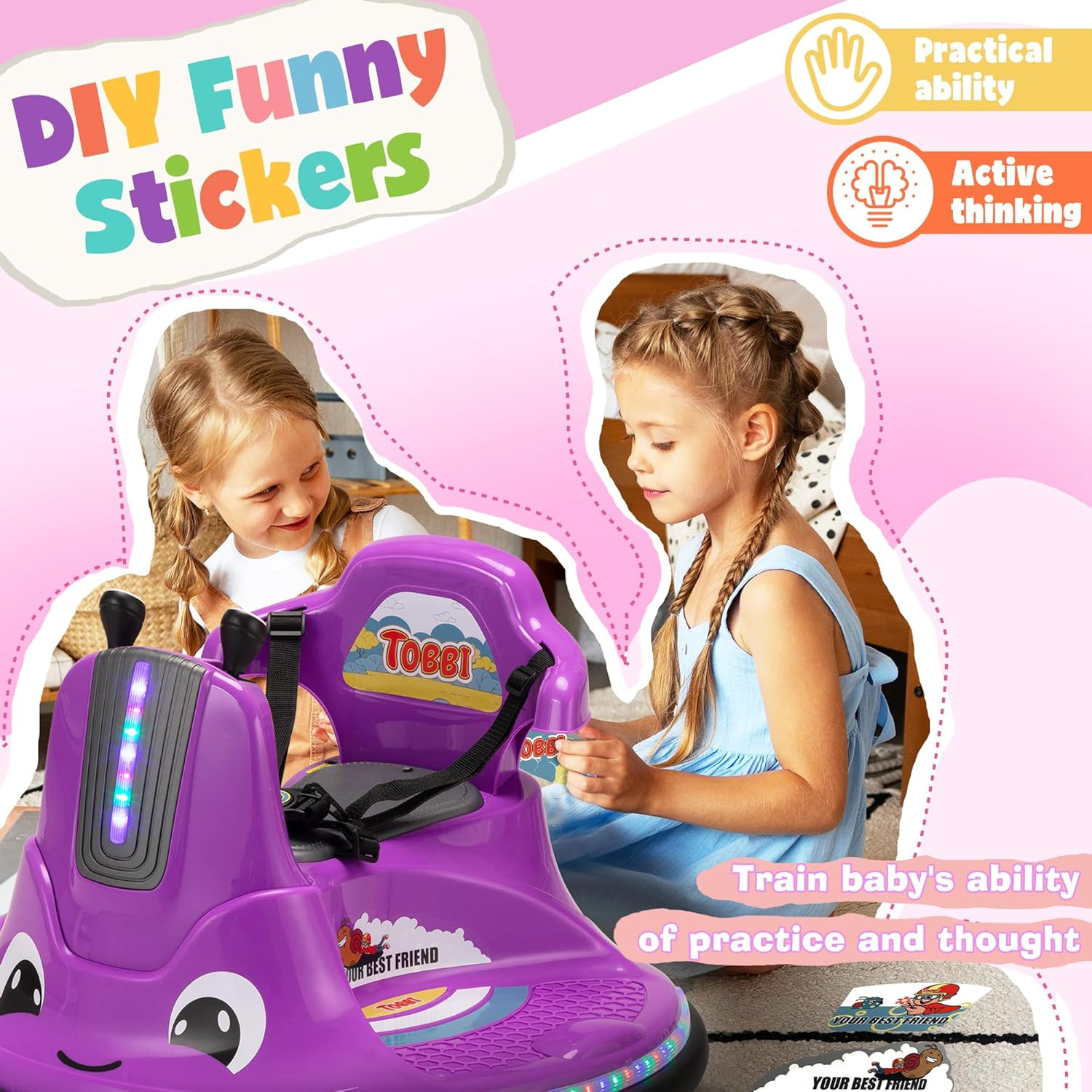 TOBBI Purple Snail Bumper Car 12V Ride-On Toy with Remote & DIY Stickers