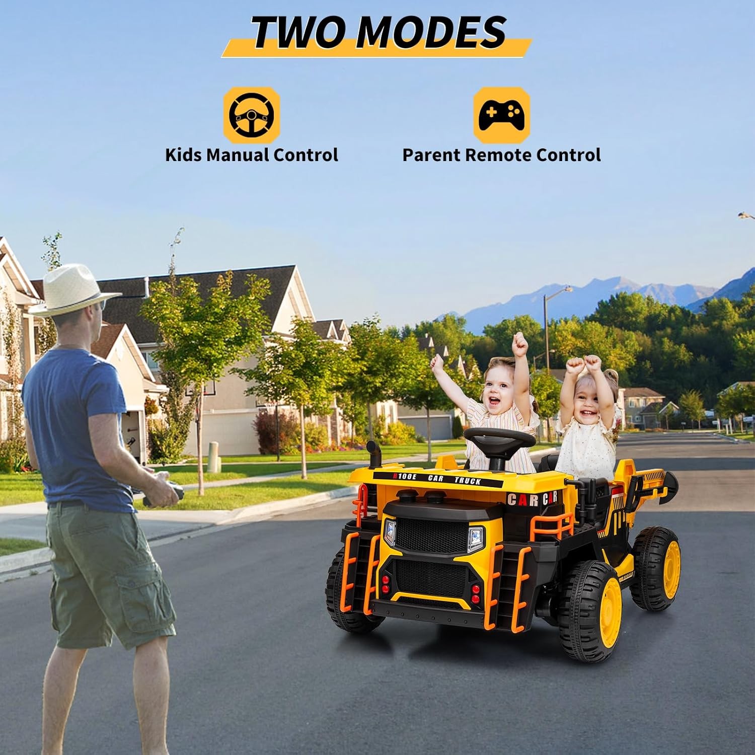 GARVEE 2-Seater 24V Ride-On Dump Truck w/ Remote Control, Lights, Music,Dump Bed
