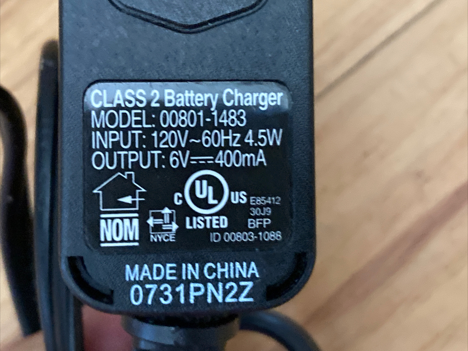 FISHER PRICE POWER WHEELS 6 Volt 6V Class 2 Battery Charger Model# 00801-1483