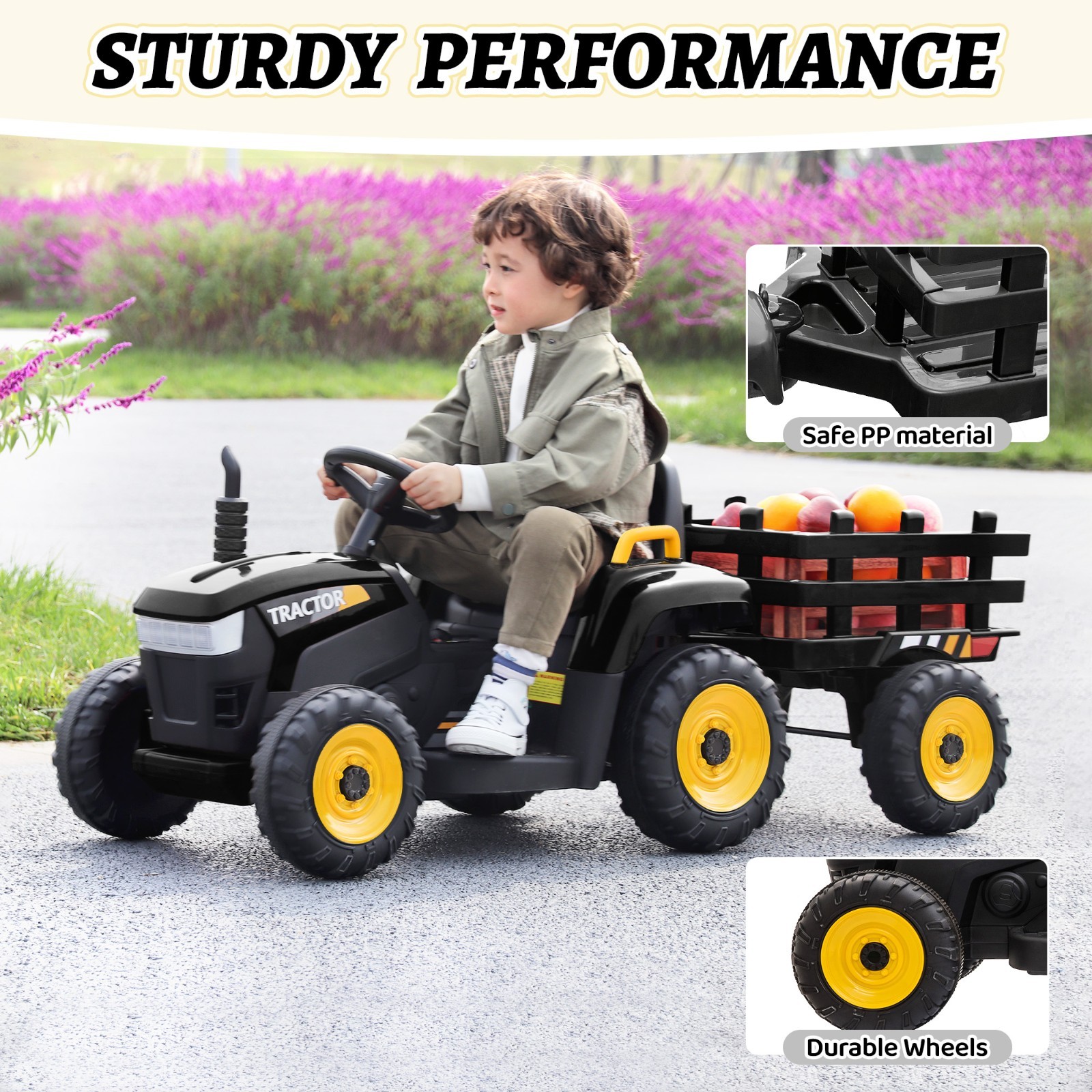 TOBBI Battery Powered Toy Car 12V Kids Ride On Car Electric Tractor w/ Trailer