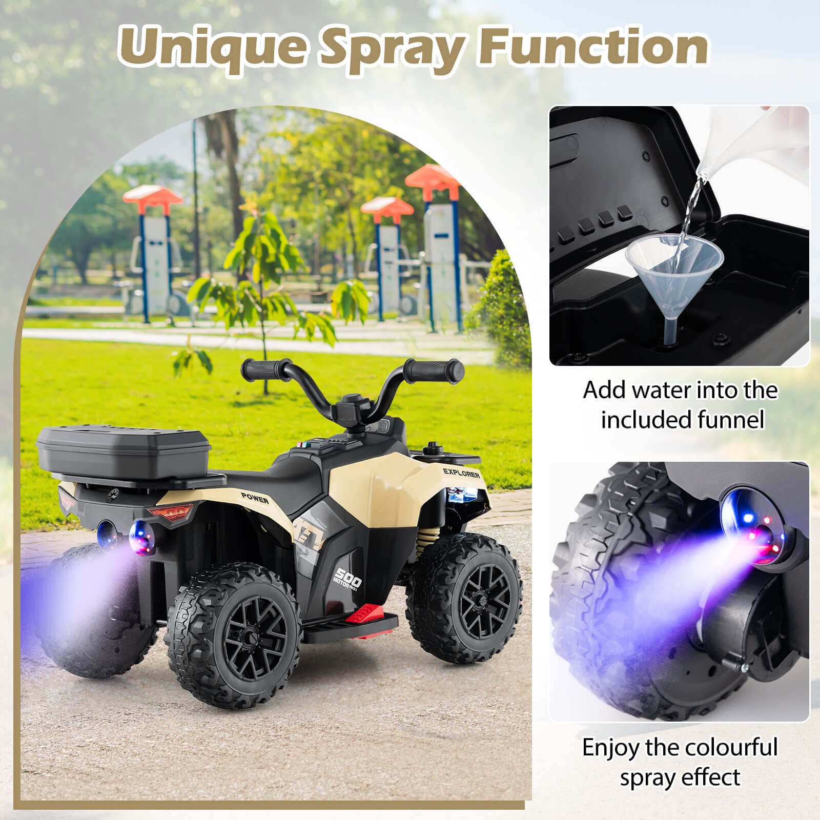 6V Kids Ride On ATV w/ Music & Spray Function USB Port Storage Box Toy Car