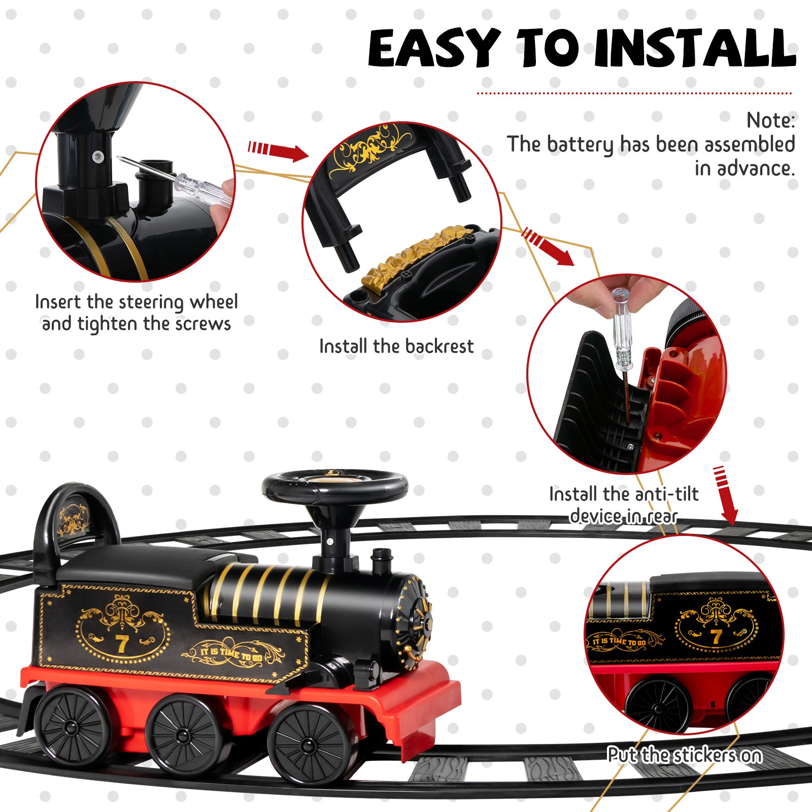 6V Electric Kids Motorized Train Toy with Unique Train Outlook & Stickers Black