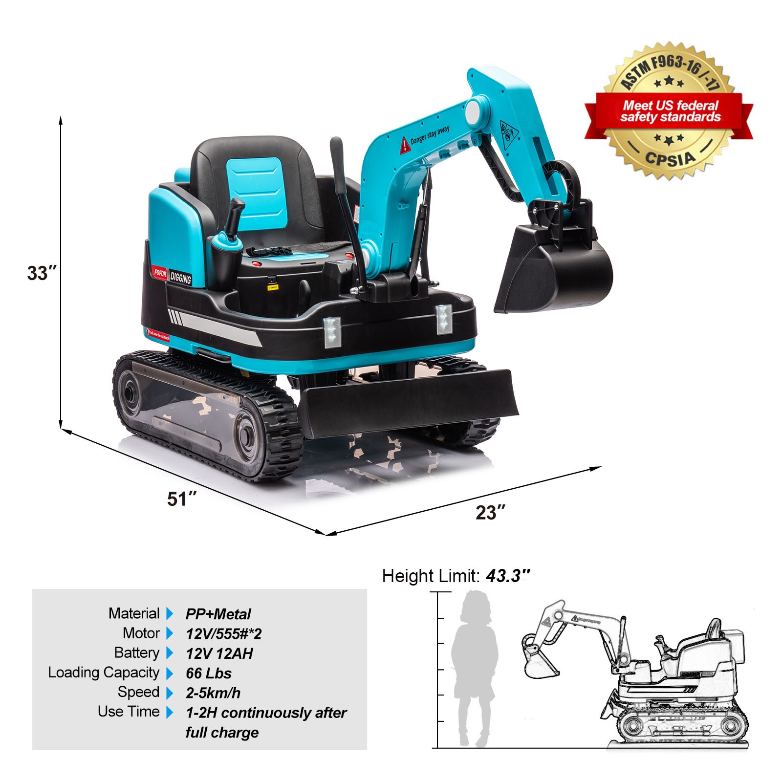 JOYLDIAS Blue 360° 12V Battery Kids Ride On Excavator & Bulldozer w/MP3,Remote