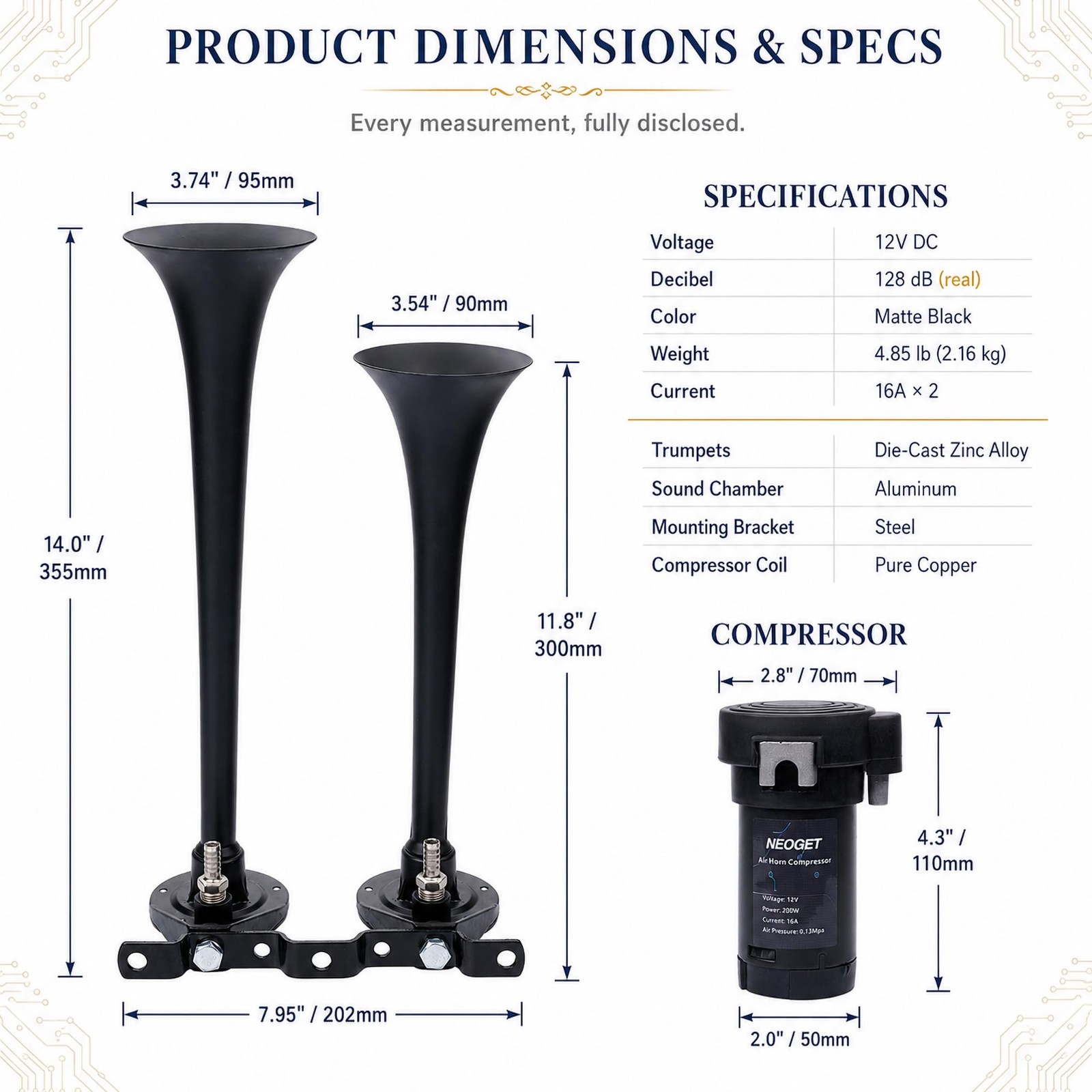 Dual Trumpet Train Horn 12V with Dual Compressors, Deep Real Train Sound, Lon…