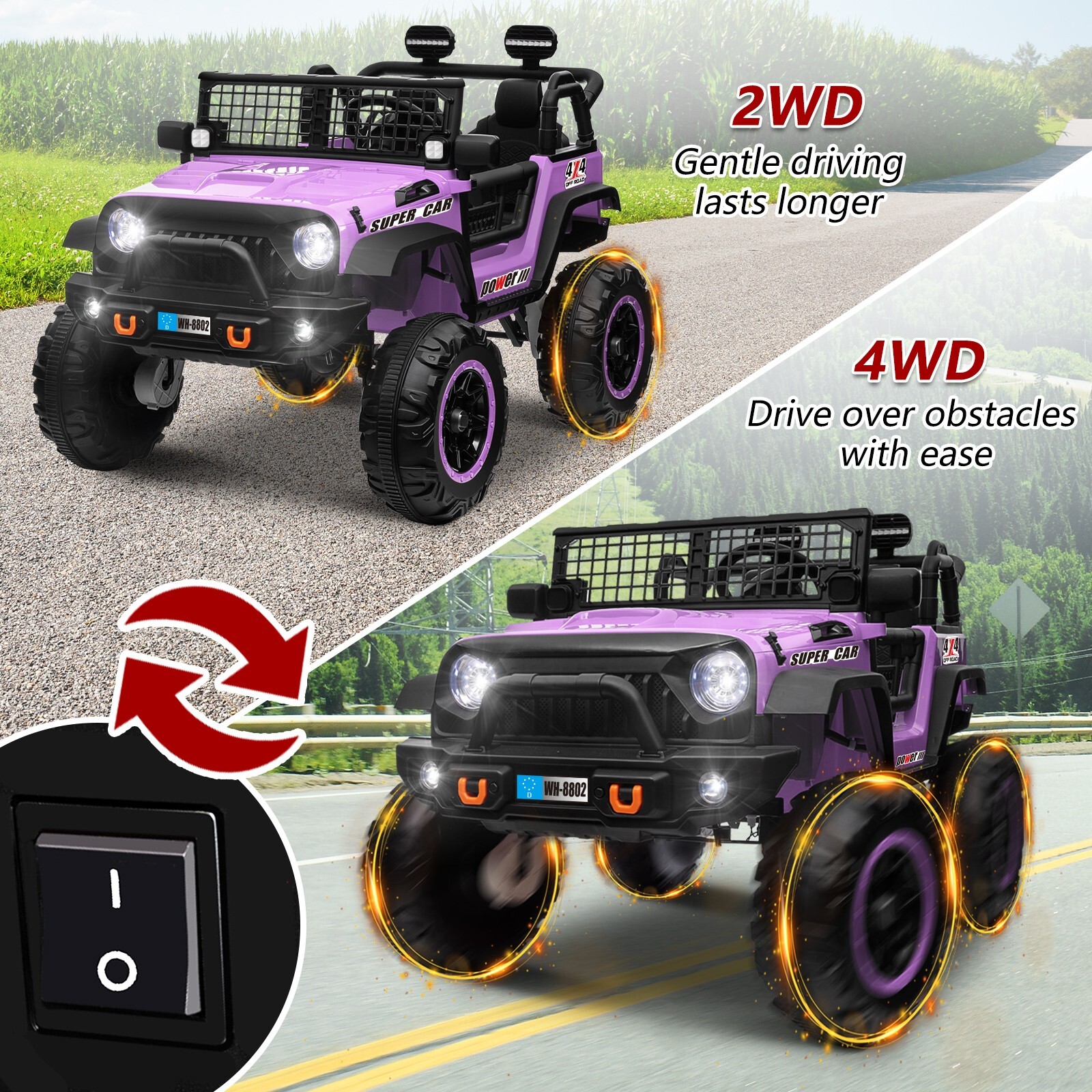 ZEOPHOL Ride on Car 24V 4WD/2WD Switchable 2 Seater Kids Electric Truck Purple