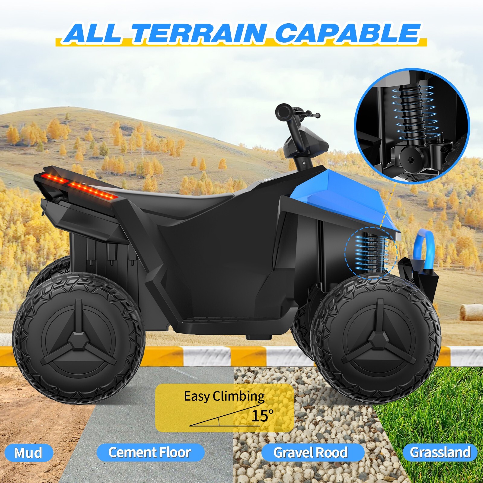 24V children’s beach toy car ATV with 4 spring suspensions and music LED lights