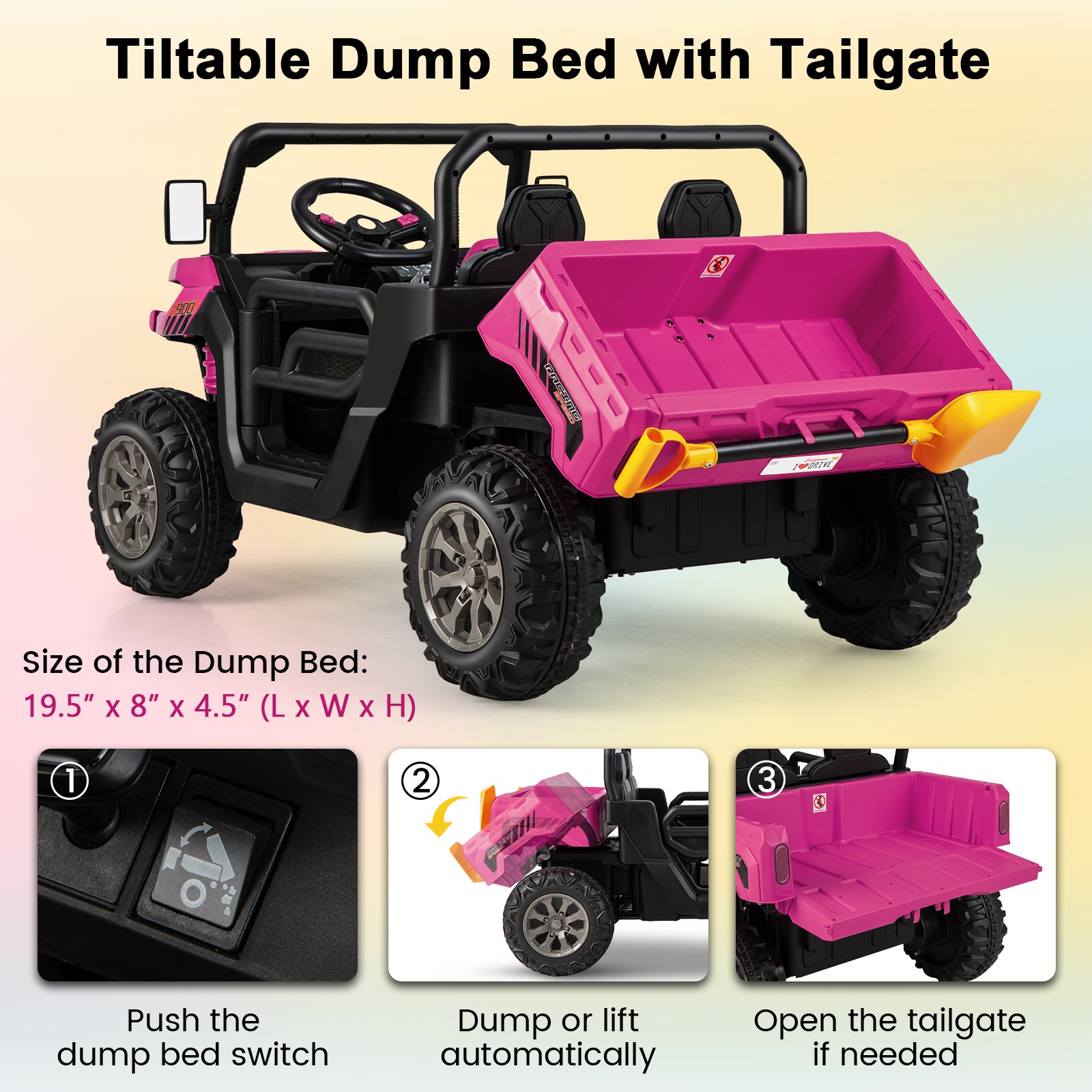 24V Kids Ride On Dump Truck 2-Seater Electric Truck w/ Shovel Music Rose Red