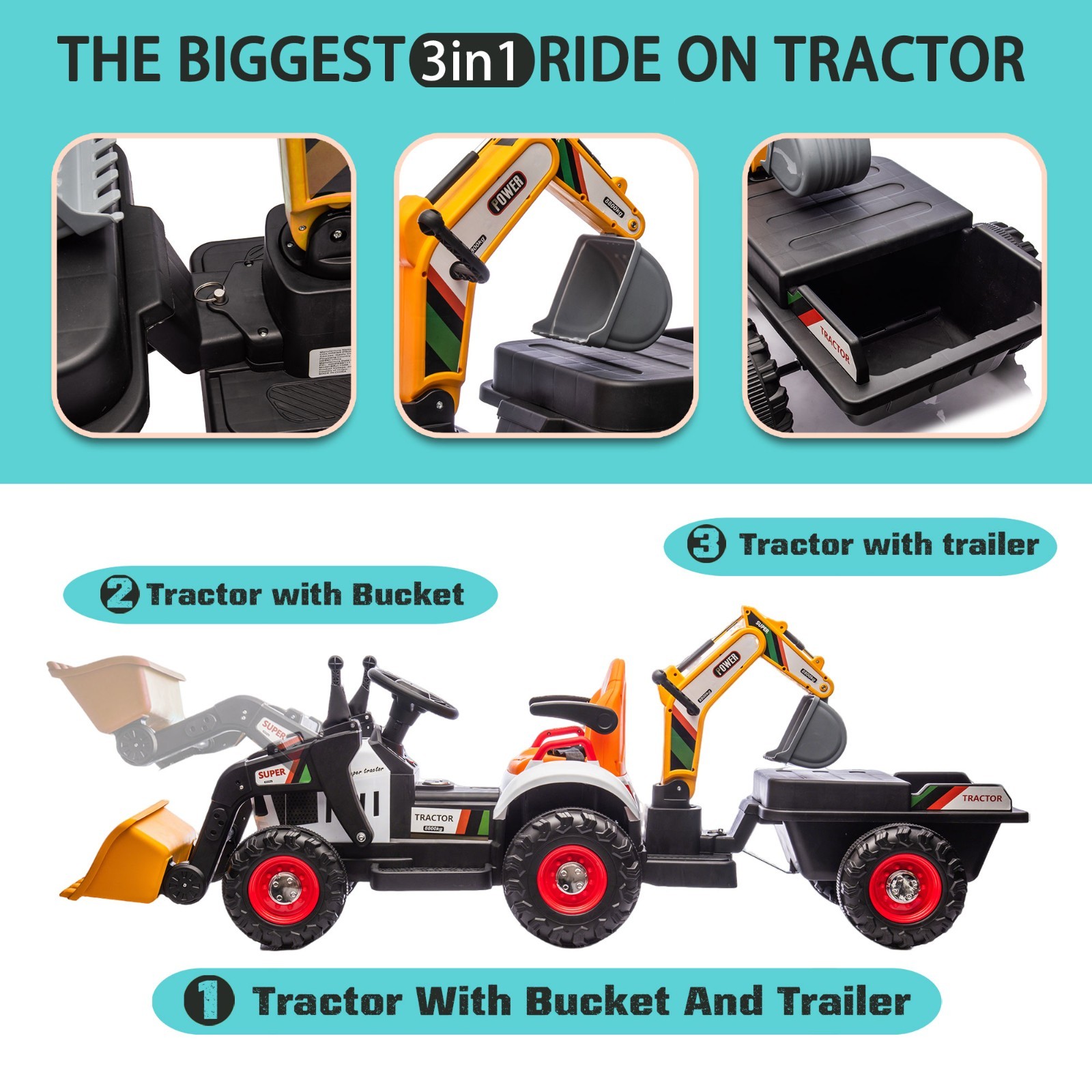 24V Kids Ride On Tractor Electric Car w/Remote,LED Tail-light,3 Speed Toy,Orange
