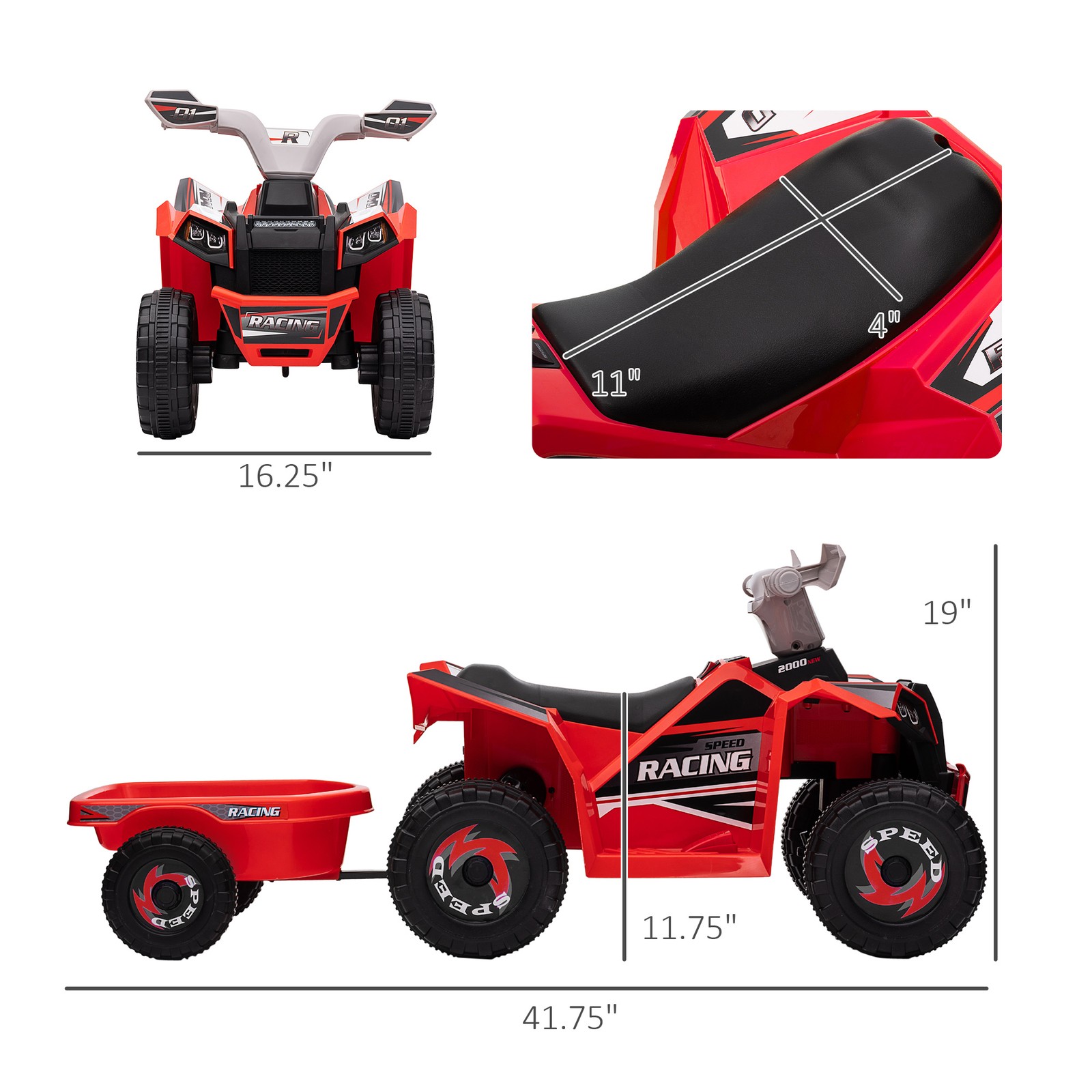 6V Kids ATV Quad Car with Back Trailer, Forward Backward Red