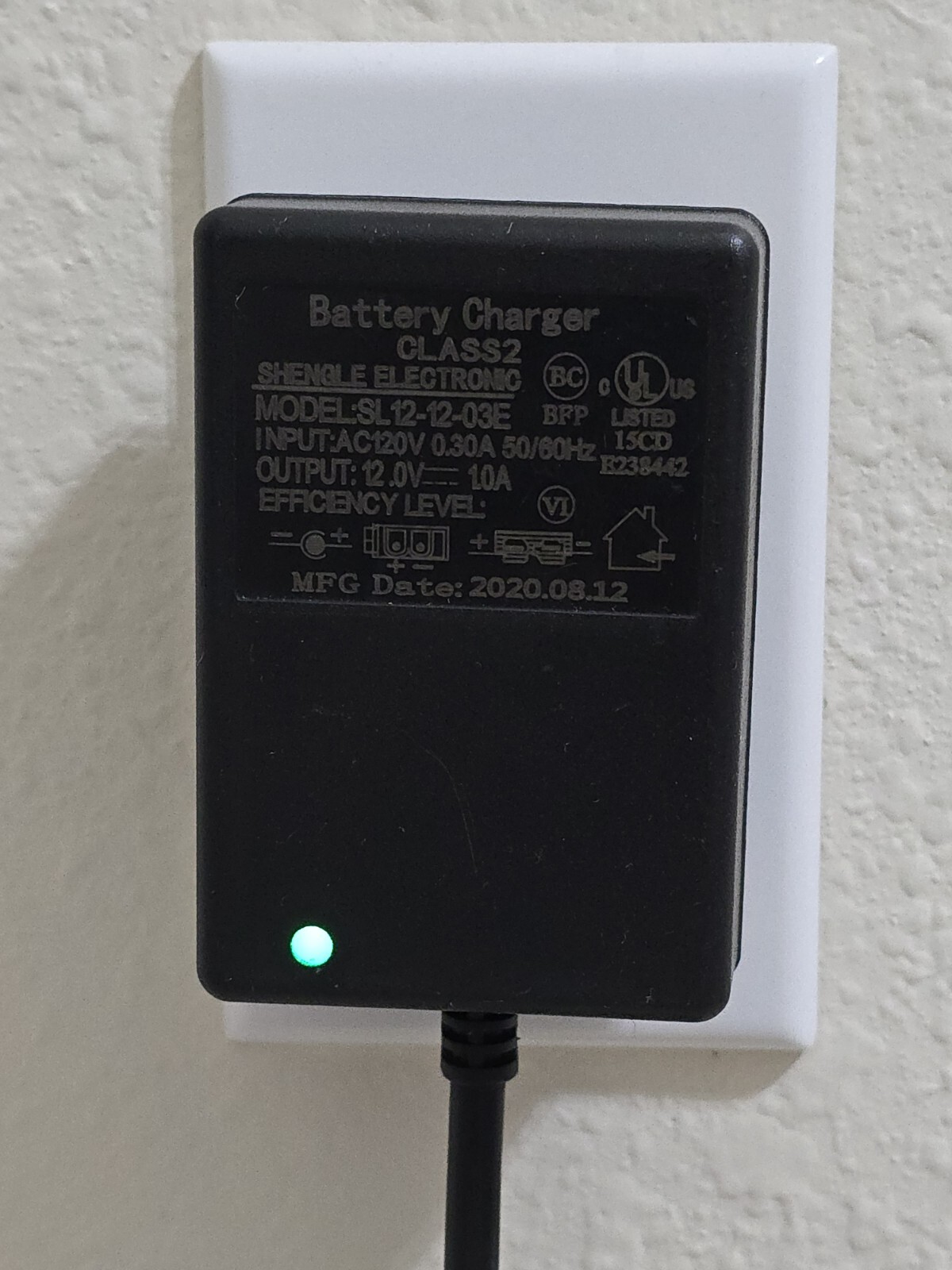 Battery Charger Power Supply Adapter Class 2 Model: SL12-12-03E Output: 12VDC 1A